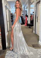 Evangeline |Long Silver Prom Dress Metallic With Mermaid Beaded Sweetheart Split - Silver - PromDressClub